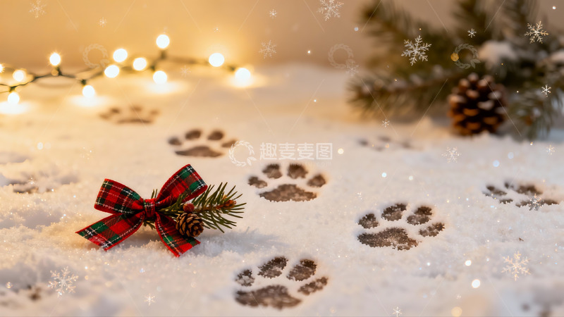 高清大图下载【趣麦麦图】雪地爪印与节日装饰