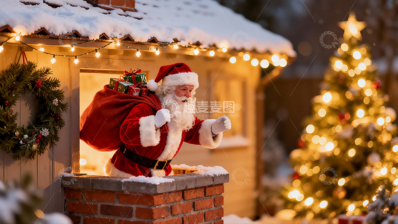 高清大图下载【趣麦麦图】圣诞老人从烟囱爬出送礼物