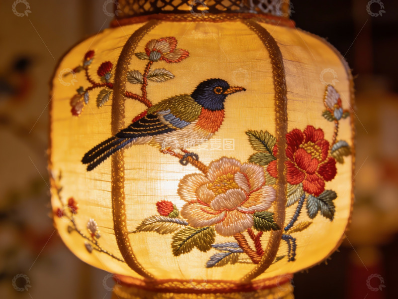 高清大图下载【趣麦麦图】精美刺绣花鸟灯笼特写