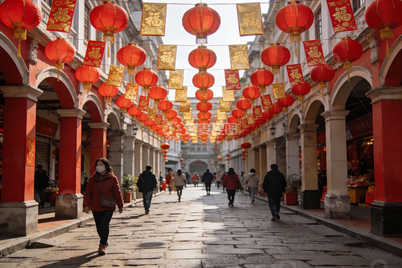 高清大图下载【趣麦麦图】红灯笼挂满古街行人漫步