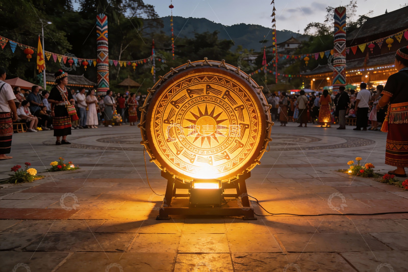 高清大图下载【趣麦麦图】夜晚广场大鼓亮灯众人围观