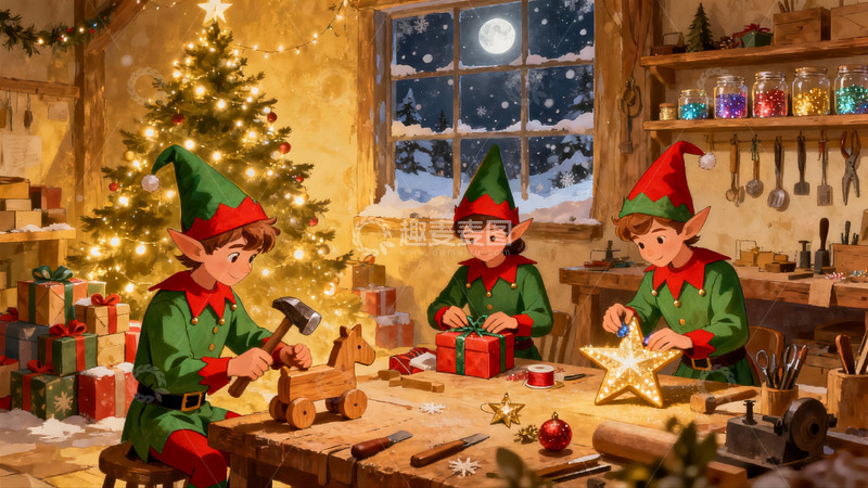 高清大图下载【趣麦麦图】精灵圣诞夜制作礼物场景
