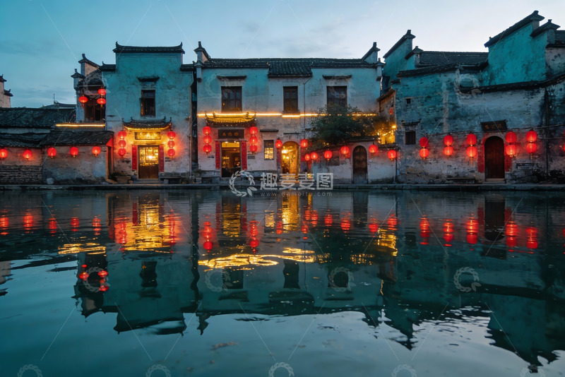 高清大图下载【趣麦麦图】古建筑夜景灯笼倒影