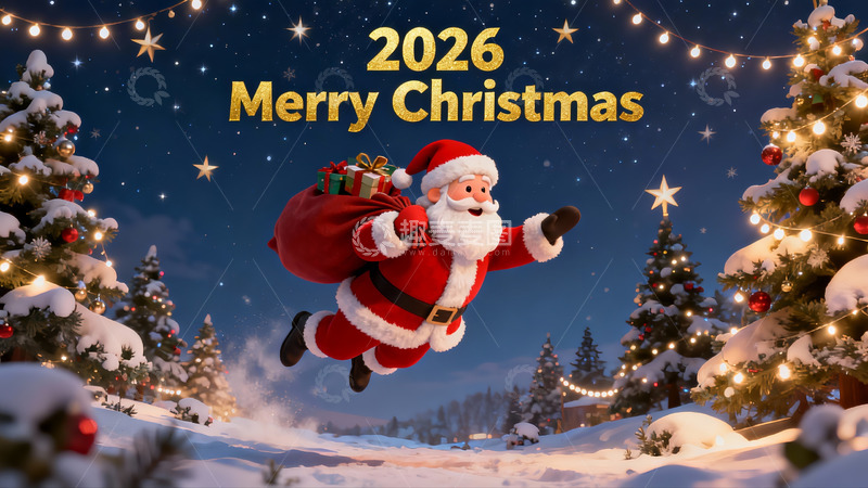 高清大图下载【趣麦麦图】圣诞老人雪夜飞越圣诞树