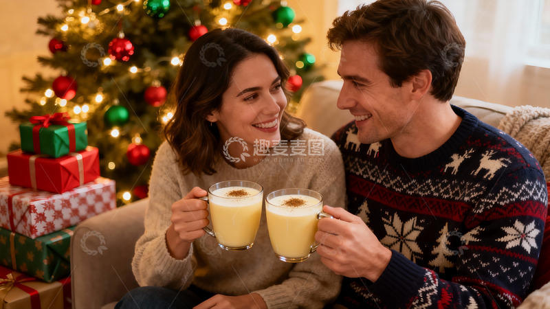 高清大图下载【趣麦麦图】圣诞夜情侣举杯共饮温馨时刻