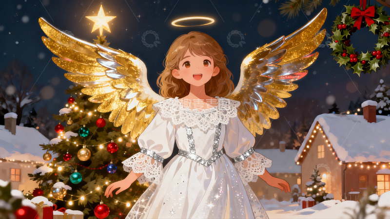 高清大图下载【趣麦麦图】圣诞夜天使降临雪景