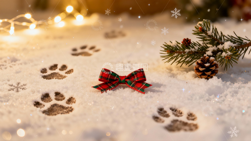 高清大图下载【趣麦麦图】雪地爪印与圣诞装饰