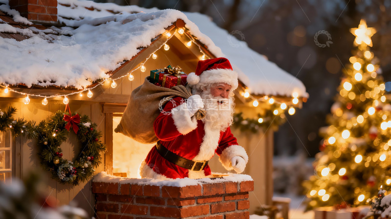 高清大图下载【趣麦麦图】圣诞老人雪夜送礼场景