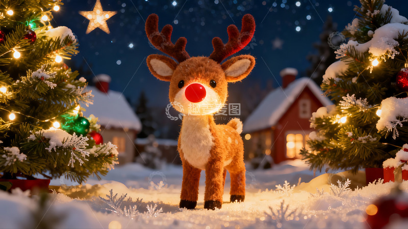 高清大图下载【趣麦麦图】雪夜圣诞驯鹿玩偶温馨场景