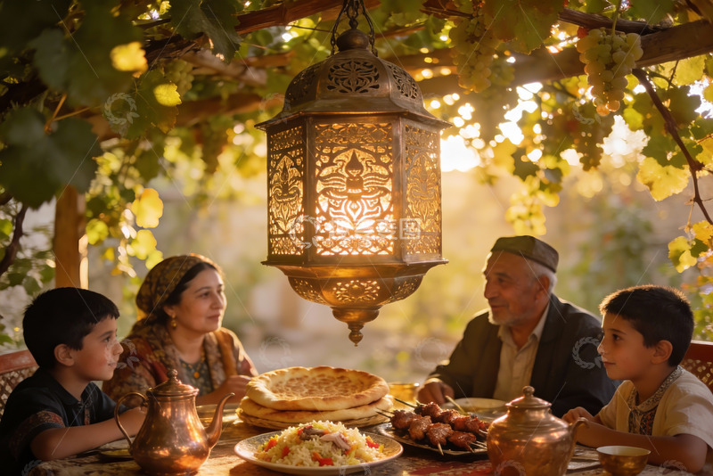 高清大图下载【趣麦麦图】葡萄架下家庭聚餐温馨场景