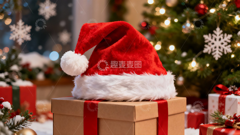 高清大图下载【趣麦麦图】圣诞帽礼盒与节日装饰