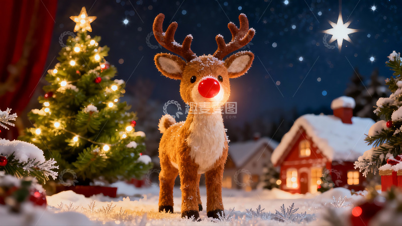 高清大图下载【趣麦麦图】圣诞夜雪地驯鹿与彩灯