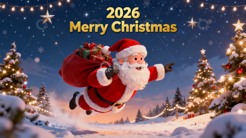 高清大图下载【趣麦麦图】圣诞老人雪夜飞行送礼物