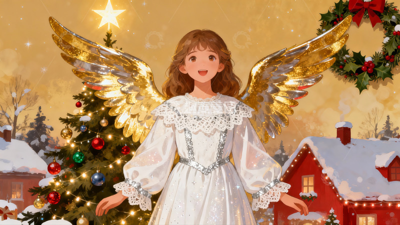 高清大图下载【趣麦麦图】圣诞天使降临雪景村落