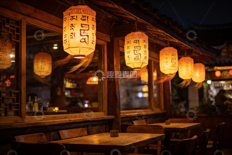 高清大图下载【趣麦麦图】夜幕下古风灯笼照亮的庭院