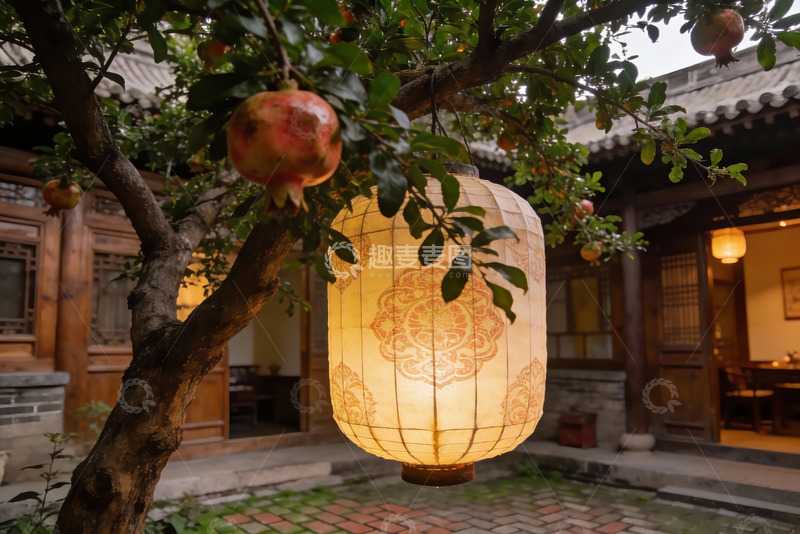 高清大图下载【趣麦麦图】古院灯笼映石榴