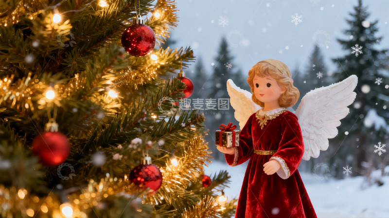 高清大图下载【趣麦麦图】圣诞树旁的天使雕像与雪景
