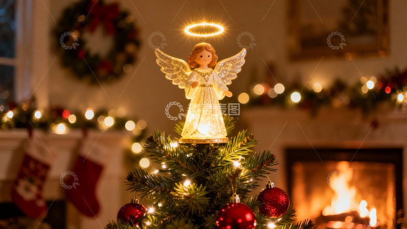 高清大图下载【趣麦麦图】圣诞树顶天使装饰与壁炉