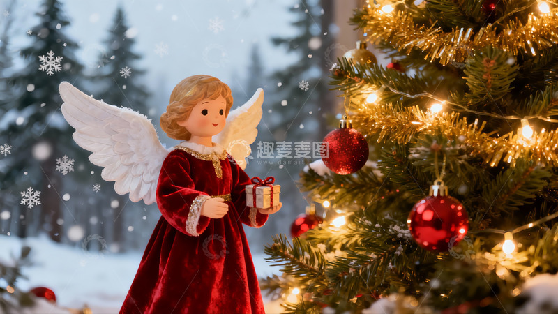 高清大图下载【趣麦麦图】圣诞天使手持礼物树旁