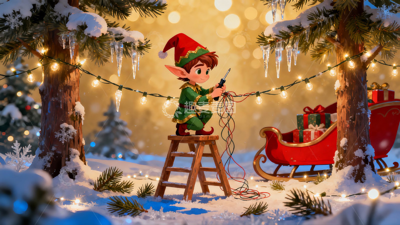 高清大图下载【趣麦麦图】圣诞精灵雪夜挂灯