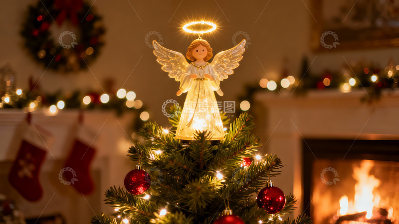 高清大图下载【趣麦麦图】圣诞树顶天使灯饰温馨节日