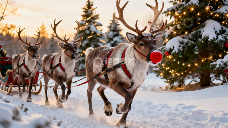 高清大图下载【趣麦麦图】雪地驯鹿拉雪橇圣诞场景