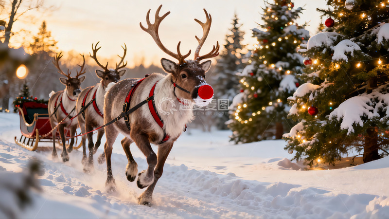 高清大图下载【趣麦麦图】雪地驯鹿拉雪橇圣诞场景