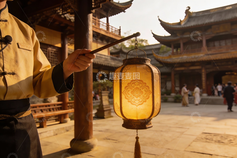 高清大图下载【趣麦麦图】古建筑庭院中手持灯笼的场景