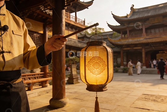 古建筑庭院中手持灯笼的场景