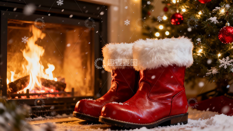 高清大图下载【趣麦麦图】圣诞红靴壁炉旁雪景