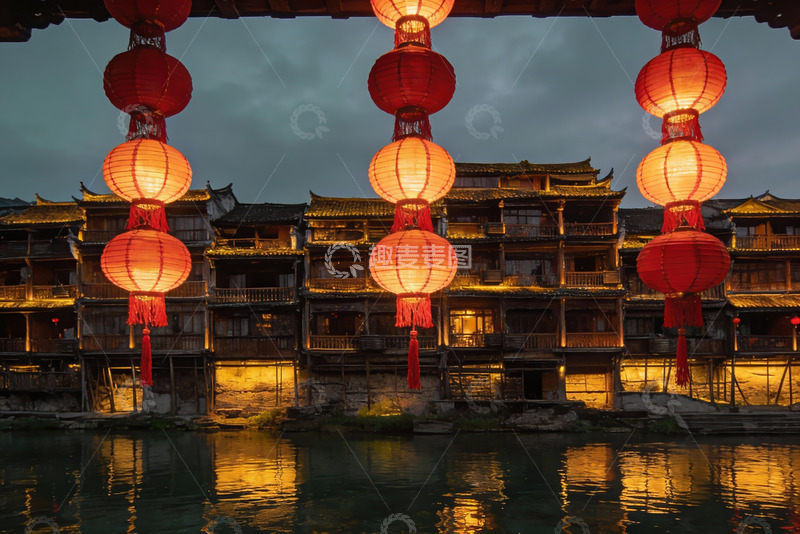 高清大图下载【趣麦麦图】古建筑夜景灯笼高挂