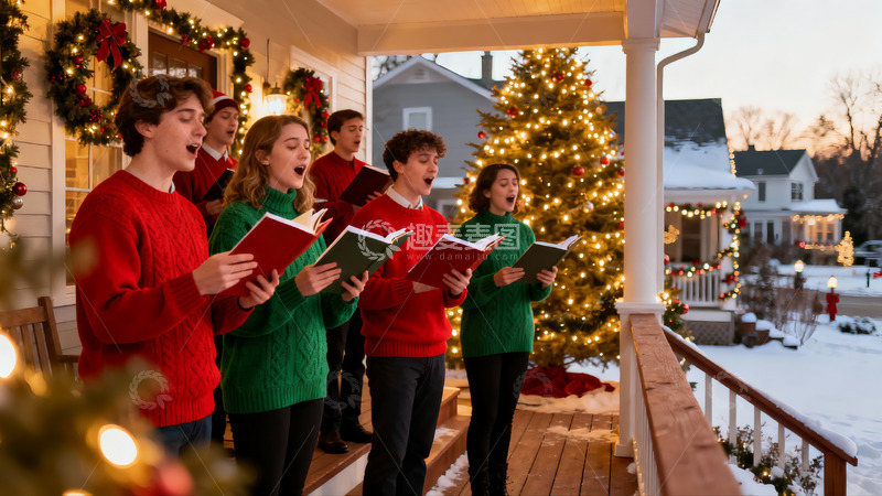 高清大图下载【趣麦麦图】圣诞合唱团在雪景门廊上表演