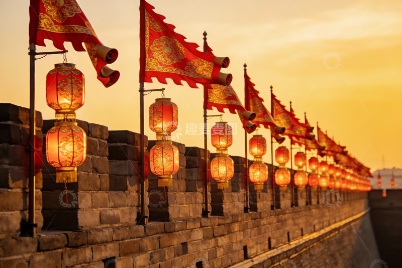 高清大图下载【趣麦麦图】古墙红灯映晚霞