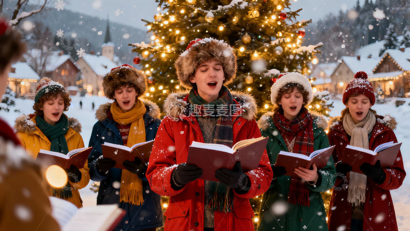 高清大图下载【趣麦麦图】雪夜圣诞树下合唱团