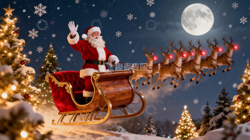 高清大图下载【趣麦麦图】圣诞老人雪橇夜空飞