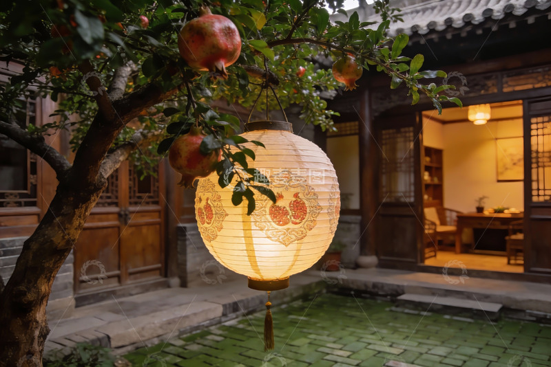 高清大图下载【趣麦麦图】古院灯笼映石榴