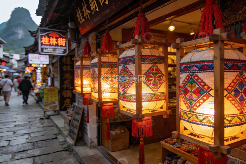 高清大图下载【趣麦麦图】古街灯笼映衬游人漫步