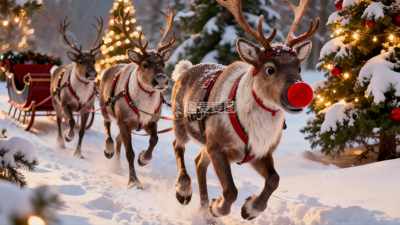 高清大图下载【趣麦麦图】雪地驯鹿拉雪橇圣诞场景