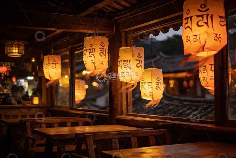 高清大图下载【趣麦麦图】古色古香灯笼映衬木质餐厅