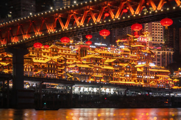 夜景灯光璀璨桥梁与建筑