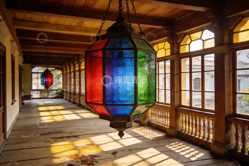 高清大图下载【趣麦麦图】彩色玻璃灯悬挂走廊光影
