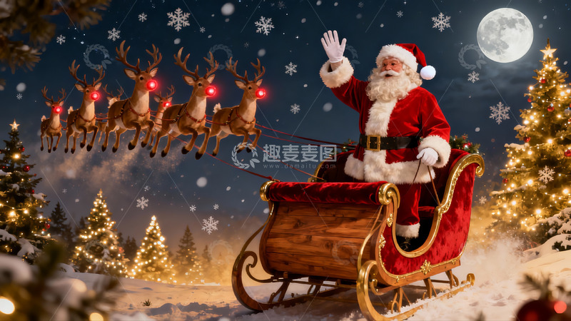 高清大图下载【趣麦麦图】圣诞老人雪橇飞越冬夜