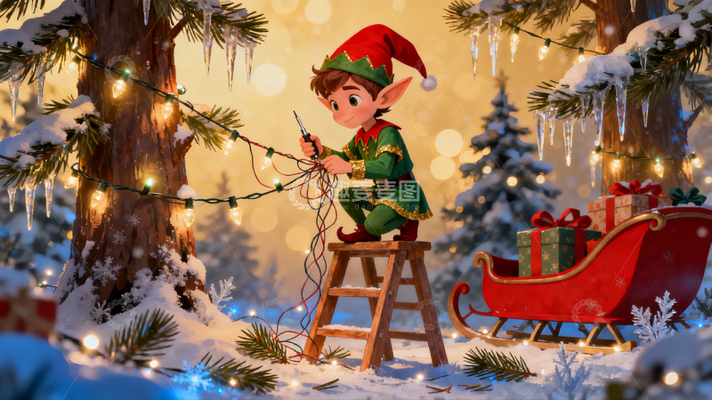 高清大图下载【趣麦麦图】圣诞精灵装饰雪夜松树