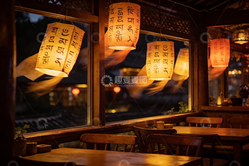 高清大图下载【趣麦麦图】夜幕下灯笼摇曳的室内茶室