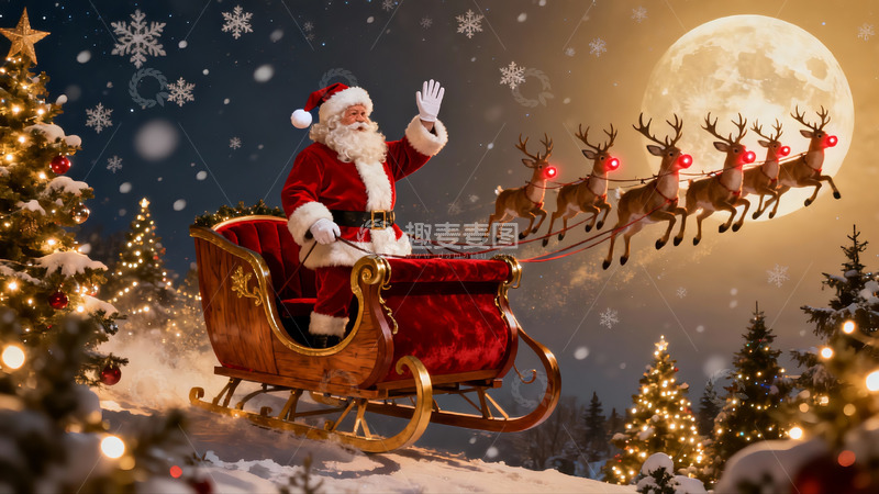 高清大图下载【趣麦麦图】圣诞老人雪橇夜空飞越
