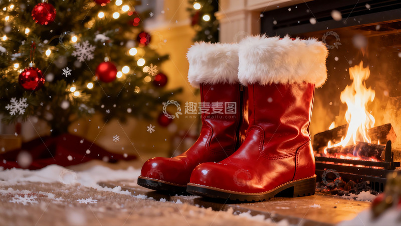 高清大图下载【趣麦麦图】圣诞树旁的红色毛靴与壁炉