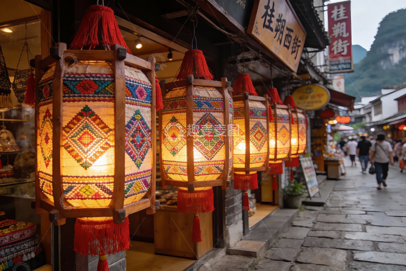 高清大图下载【趣麦麦图】古街灯笼映衬行人漫步