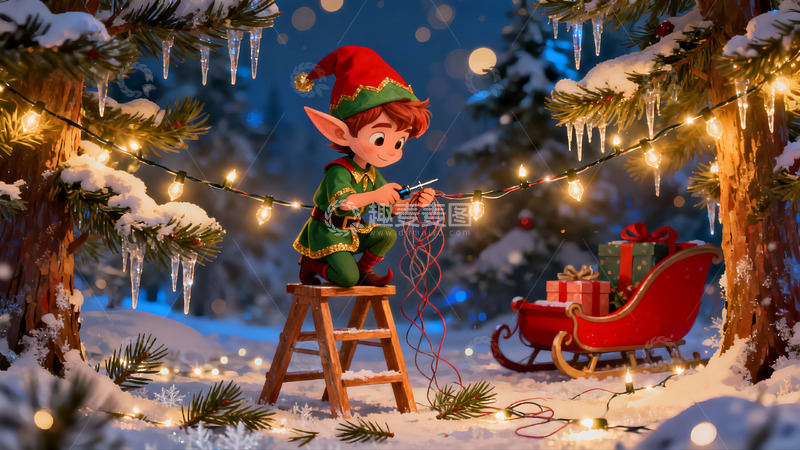 高清大图下载【趣麦麦图】圣诞精灵雪夜挂灯