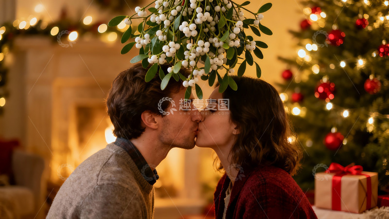 高清大图下载【趣麦麦图】圣诞树下情侣亲吻温馨场景