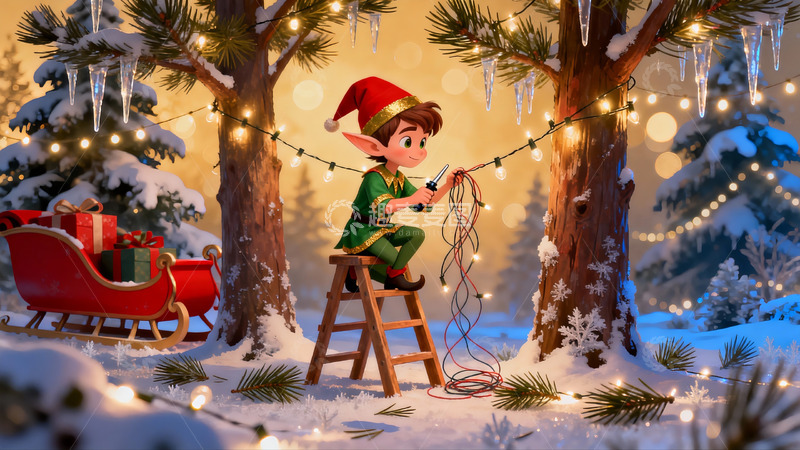 高清大图下载【趣麦麦图】圣诞精灵雪夜挂灯